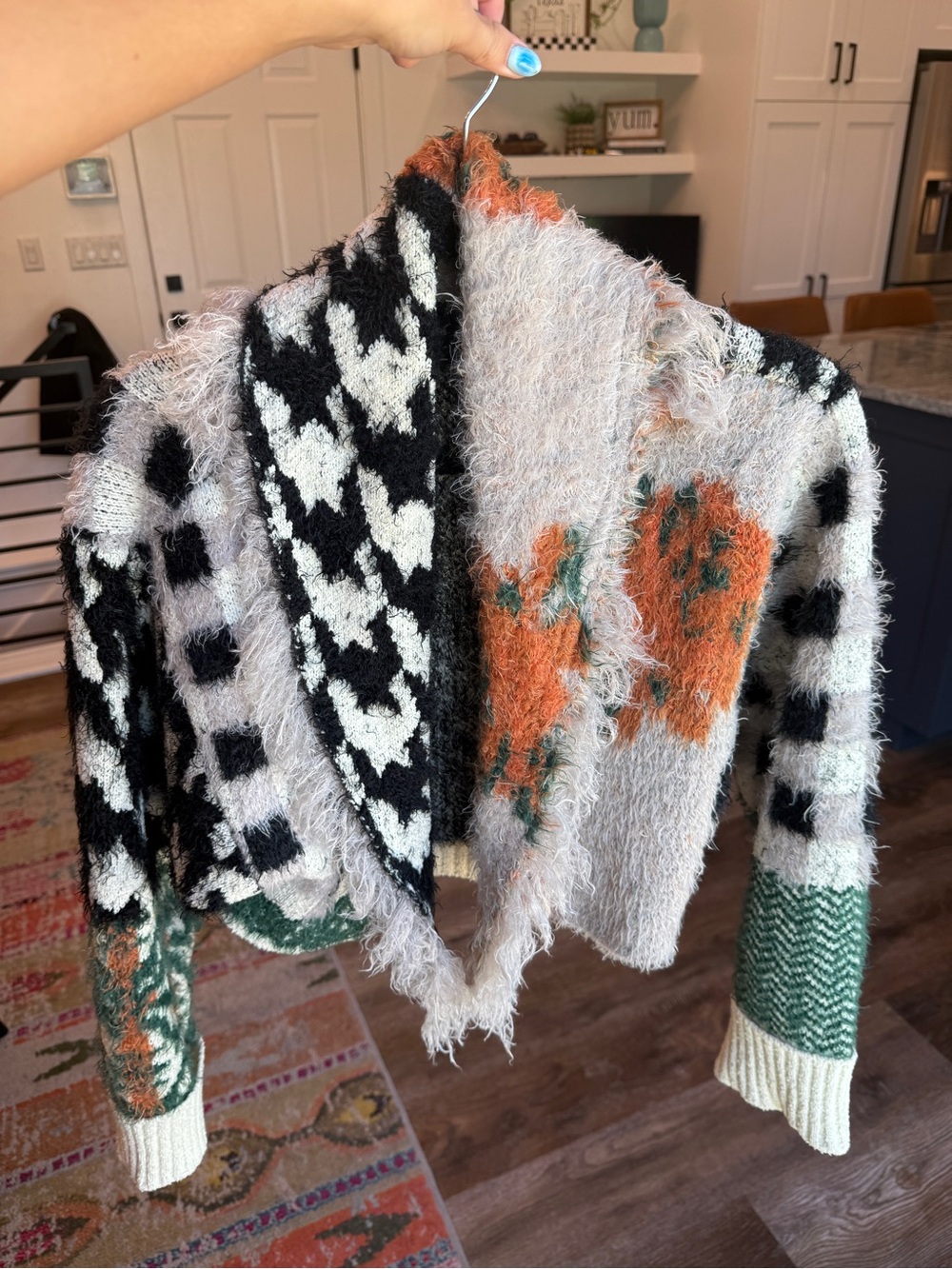Urban Outfitters Fuzzy Mixed-Pattern Cardigan in Black, White, Orange, Green